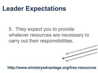 Leader Expectations
http://www.ministryadvantage.org/free-resources
5. They expect you to provide
whatever resources are necessary to
carry out their responsibilities.
 
