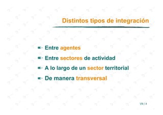 Distintos tipos de integración



✏ Entre agentes
✏ Entre sectores de actividad
✏ A lo largo de un sector territorial
✏ De manera transversal



                                        VII / 4
 