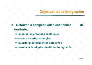 Objetivos de la integración


✏ Reforzar la competitividad económica              del
 territorio:
  ✏ superar los enfoques sectoriales
  ✏ crear o valorizar sinergias
  ✏ suscitar planteamientos colectivos
  ✏ favorecer la adaptación del sector agrícola



                                                  VII / 5
 