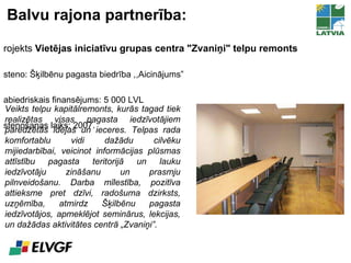 Balvu rajona partnerība: Projekts  Vietējas iniciatīvu grupas centra "Zvaniņi" telpu remonts Īsteno:  Šķilbēnu pagasta biedrība ,,Aicinājums” Sabiedriskais finansējums: 5 000 LVL Īstenošanas laiks:  200 7. V eikts telpu kapitālremonts, kurās tagad tiek realizētas visas pagasta iedzīvotājiem paredzētās idejas un ieceres. Telpas rada komfortablu vidi dažādu cilvēku mijiedarbībai, veicinot informācijas plūsmas attīstību pagasta teritorijā un lauku iedzīvotāju zināšanu un prasmju pilnveidošanu. Darba mīlestība, pozitīva attieksme pret dzīvi, radošuma dzirksts, uzņēmība, atmirdz Šķilbēnu pagasta iedzīvotājos, apmeklējot seminārus, lekcijas, un dažādas aktivitātes centrā „Zvaniņi”. 