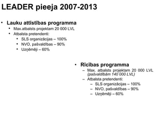 LEADER pieeja 2007-2013 Rīcības programma  Max. atbalsts projektam 20 000 LVL  (pašvaldībām 140 000 LVL) Atbalsta pretendenti: SLS organizācijas – 100% NVO, pašvaldības – 90%  Uzņēmēji – 60% Lauku attīstības programma  Max.atbalsts projektam 20 000 LVL Atbalsta pretendenti: SLS organizācijas – 100% NVO, pašvaldības – 90%  Uzņēmēji – 60% 