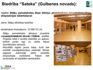 Biedrība “Sateka” (Gulbenes novads): Projekts  Stāķu pamatskolas ēkas bēniņu piemērošana novadpētniecības ekspozīcijas iekārtošanai Īsteno: Stāķu attīstības biedrība Sabiedriskais finansējums:  12   586.72  LVL Īstenošanas laiks:  29.01. - 30.11.2010 . Stāķu pamatskolas bēniņos izveidota novadpētniecības istaba 150kvm. platībā. Projekta laikā ir ievilkta elektrība un apkure, ierīkoti jumta logi un veikts telpas kosmētiskais remonts.  Rezultātā iegūta jauna telpa, kurā tiek izstādīti novadpētniecības materiāli. Stradu pagasta iedzīvotāji aktīvi piedalās ekspozīcijas veidošanā. Telpas tiek izmantotas arī dažādām apmācībām.  