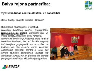 Balvu rajona partnerība: Projekts  Biedrības centrs- attīstībai un sadarbībai Īsteno: Susāju pagasta biedrība ,,Saknes” Sabiedriskais finansējums: 5 000 LVL Īstenošanas laiks:  200 7. Izveidots biedrības centrs. Izremontētas telpas 53,5 m 2  platībā, nomainīti logi un veikts griestu, grīdas un sienu remonts. Izveidotais centrs ir pulcēšanās vieta ne tikai biedrības biedriem, bet arī Susāju pagasta iedzīvotājiem, jo pagastā nav ne skolas, ne kultūras un citu iestāžu, kuras veicinātu sabiedrisko aktivitāti. Centrs ir vieta, kur cilvēki apmeklē sanāksmes, lekcijas vai apmācību kursus, kā arī pārrunā un diskutē par pagasta attīstībai aktuāliem jautājumiem.  
