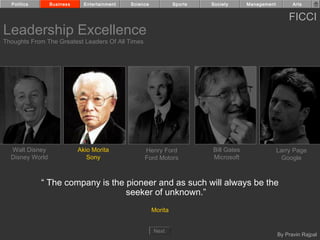 Politics       Business     Entertainment   Science            Sports   Society      Management         Arts


                                                                                                        FICCI
Leadership Excellence
Thoughts From The Greatest Leaders Of All Times




  Walt Disney               Akio Morita            Henry Ford             Bill Gates                Larry Page
  Disney World                 Sony                Ford Motors            Microsoft                   Google



             “ The company is the pioneer and as such will always be the
                                  seeker of unknown.”
                                                        Morita


                                                        Next
                                                                                                    By Pravin Rajpal
 