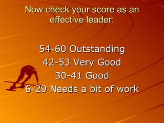 Now check your score as an effective leader: 54-60 Outstanding 42-53 Very Good 30-41 Good 6-29 Needs a bit of work 