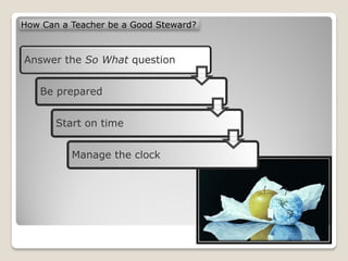 How Can a Teacher be a Good Steward?



Answer the So What question


   Be prepared


       Start on time


          Manage the clock
 