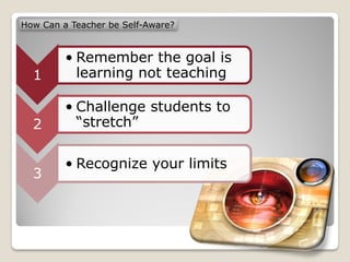 How Can a Teacher be Self-Aware?


         • Remember the goal is
  1        learning not teaching

         • Challenge students to
  2        “stretch”

         • Recognize your limits
  3
 