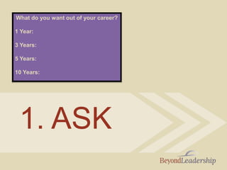 What do you want out of your career?
1 Year:
3 Years:
5 Years:
10 Years:
1. ASK
 