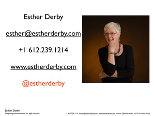 Esther Derby
designing environments for agile success +1 612.239.1214 esther@estherderby.com www.estherderby.com twitter: ...