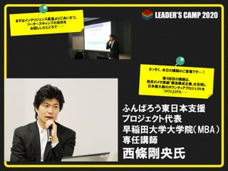 さっそく、本日の講師のご登場です・・！
第4回目の講師は、独自のメタ理論「構造構成主義」を活用し日本最大級のボランティアプロジェクトを
つくり上げた──
まずはインテリジェンス長島よりごあいさつ。
リーダーズキャンプの目的を
お話ししたところで──
ふんばろう東日本支援
プロジェクト代表
早稲田大学大学院（MBA）
専任講師
西條剛央氏
 