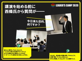 講演を始める前に
西條氏から質問が━━
今日来た目的、
何ですか？
ちなみに、参加者の所属も聞いてみたところ、
企業で働いている人がほとんど、
NPOに所属している人が5～6人程度でした。
皆さんに挙手してもらったところ、
「ふんばろう東日本支援プロジェクト」に
もともと興味があり参加した人が半分。
リーダーシップに興味があり来た人が半分。
 