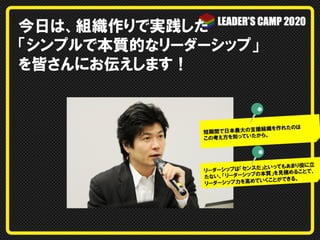 今日は、組織作りで実践した
「シンプルで本質的なリーダーシップ」
を皆さんにお伝えします！
短期間で日本最大の支援組織を作れたのは
この考え方を知っていたから。
リーダーシップは「センスだ」といってもあまり役に立
たない。「リーダーシップの本質」を見極めることで、
リーダーシップ力を高めていくことができる。
 