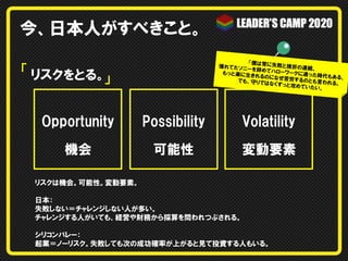 今、日本人がすべきこと。
「僕は常に失敗
と挫折の連続
憧れてたソニ
。
ーを辞めてハ
ローワークに通
もっと楽に生き
った時代もあ
れるのになぜ
る、
苦労するのと
でも、守りでは
も言われる。
なくずっと攻め
ていたい。

「 リスクをとる。
」

Opportunity

Possibility

Volatility

機会

可能性

変動要素

リスクは機会。可能性。変動要素。
日本：
失敗しない＝チャレンジしない人が多い。
チャレンジする人がいても、経営や財務から採算を問われつぶされる。
シリコンバレー：
起業＝ノーリスク。失敗しても次の成功確率が上がると見て投資する人もいる。

 