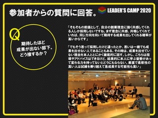 参加者からの質問に回答。

Q	

期待したほど
。
成果が出ない部下
どう接するか？

「そもそもの前提として、自分の創業理念に強く共感してくれ
る人しか採用しないですね。まず理念に共感、共鳴してくれて
いれば、同じ方向を向いて期待する成果を出してくれる確率が
高いからです」
「でもそう思って採用したけど違ったとか、思いは一緒でも成
果を出せない人であることもある。その時は、成果を出せてい
ない理由を本人ととにかく徹底的に話す。しかし、こちらは指
導やアドバイスはできるけど、結果的に本人に学ぶ姿勢があっ
て変わる力を持ってないとどうにもならない。素直で柔軟性の
高い人は試練を乗り越えて急成長する可能性も高い」

 