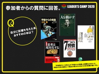 参加者からの質問に回答。

Q	

、
えた本
を与
に影響
？
自分
の本は
め
お すす

。
帰還」の衝撃は大きかった
・立花さんの「宇宙からの
「宇宙飛行士
本の影響が強いかな」
う視点が得られたのはこの
宇宙から見た地球とい

 