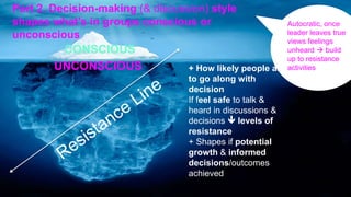 CONSCIOUS
UNCONSCIOUS + How likely people are
to go along with
decision
If feel safe to talk &
heard in discussions &
decisions  levels of
resistance
+ Shapes if potential
growth & informed
decisions/outcomes
achieved
Autocratic, once
leader leaves true
views feelings
unheard  build
up to resistance
activities
Part 2. Decision-making (& discussion) style
shapes what’s in groups conscious or
unconscious
 
