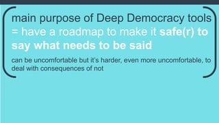 main purpose of Deep Democracy tools
= have a roadmap to make it safe(r) to
say what needs to be said
can be uncomfortable but it’s harder, even more uncomfortable, to
deal with consequences of not
 