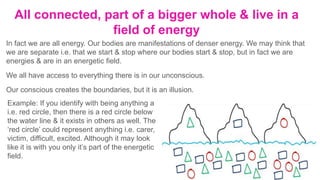 All connected, part of a bigger whole & live in a
field of energy
In fact we are all energy. Our bodies are manifestations of denser energy. We may think that
we are separate i.e. that we start & stop where our bodies start & stop, but in fact we are
energies & are in an energetic field.
We all have access to everything there is in our unconscious.
Our conscious creates the boundaries, but it is an illusion.
Example: If you identify with being anything a
i.e. red circle, then there is a red circle below
the water line & it exists in others as well. The
‘red circle’ could represent anything i.e. carer,
victim, difficult, excited. Although it may look
like it is with you only it’s part of the energetic
field.
 