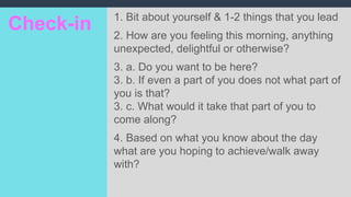 Check-in 1. Bit about yourself & 1-2 things that you lead
2. How are you feeling this morning, anything
unexpected, delightful or otherwise?
3. a. Do you want to be here?
3. b. If even a part of you does not what part of
you is that?
3. c. What would it take that part of you to
come along?
4. Based on what you know about the day
what are you hoping to achieve/walk away
with?
 
