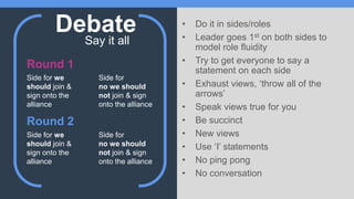 Debate • Do it in sides/roles
• Leader goes 1st on both sides to
model role fluidity
• Try to get everyone to say a
statement on each side
• Exhaust views, ‘throw all of the
arrows’
• Speak views true for you
• Be succinct
• New views
• Use ‘I’ statements
• No ping pong
• No conversation
Say it all
Round 1
Side for we
should join &
sign onto the
alliance
Side for
no we should
not join & sign
onto the alliance
Round 2
Side for we
should join &
sign onto the
alliance
Side for
no we should
not join & sign
onto the alliance
 