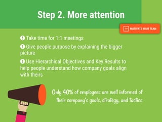 Step 2. More attention
Only 40% of employees are well informed of
their company’s goals, strategy, and tactics
Take time for 1:1 meetings
Give people purpose by explaining the bigger
picture
Use Hierarchical Objectives and Key Results to
help people understand how company goals align
with theirs
 