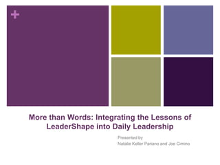 +

More than Words: Integrating the Lessons of
LeaderShape into Daily Leadership
Presented by
Natalie Keller Pariano and Joe Cimino

 