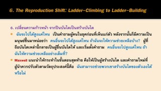 6. เปลี่ยนความก้าวหน้า จากปีนบันไดเป็นสร้างบันได
 ฉันจะไปได้สูงแค่ไหน เป็นคาถามผู้คนในยุคก่อนที่เห็นแก่ตัว หลังจากนั้นก็มีความเป็น
มนุษย์ขึ้นมาหน่อยว่า คนอื่นจะไปได้สูงแค่ไหน ถ้าฉันจะให้ความช่วยเหลือบ้าง? ผู้ที่
ถือบันไดเหล่านี้ กลายเป็นผู้ยื่นบันไดให้ และเริ่มตั้งคาถาม คนอื่นจะไปสูงแค่ไหน ถ้า
ฉันให้ความช่วยเหลืออย่างเต็มที่?
 Maxwell แนะนาให้กระทาในขั้นตอนสุดท้าย คือให้เป็นผู้สร้างบันได และคาถามใหม่ที่
ผู้นาควรปรับตัวตามวัตถุประสงค์นี้ คือ ฉันสามารถช่วยพวกเขาสร้างบันไดของตัวเองได้
หรือไม่
 