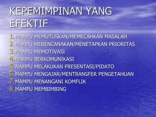 KEPEMIMPINAN YANG
EFEKTIF
1.MAMPU MEMUTUSKAN/MEMECAHKAN MASALAH
2.MAMPU MERENCANAKAN/MENETAPKAN PRIORITAS
3.MAMPU MEMOTIVASI
4.MAMPU BERKOMUNIKASI
5.MAMPU MELAKUKAN PRESENTASI/PIDATO
6.MAMPU MENGAJAR/MENTRANSFER PENGETAHUAN
7.MAMPU MENANGANI KOMFLIK
8.MAMPU MEMBIMBING
 