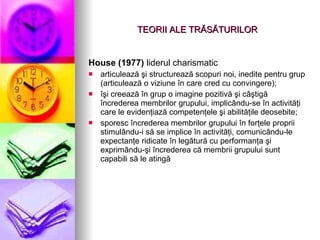 TEORII ALE TR Ă S Ă TURILOR House (1977)  lider ul  charismatic articuleaz ă   ş i structureaz ă  scopuri noi, inedite pentru grup (articuleaz ă  o viziune  î n care cred cu convingere); îş i cre e az ă   î n grup o imagine pozitiv ă   ş i c âş tig ă   î ncrederea membrilor grupului, implic â ndu-se  î n activit ăţ i care le eviden ţ iaz ă  competen ţ ele  ş i abilit ăţ ile deosebite; sporesc  î ncrederea membrilor grupului  î n for ţ ele proprii stimul â ndu- i  s ă  se implice  î n activit ăţ i, comunic â ndu-le expectan ţ e ridicate  î n leg ă tur ă  cu performan ţ a  ş i exprim â ndu- ş i  î ncrederea c ă  membrii grupului sunt capabili s ă  le ating ă   