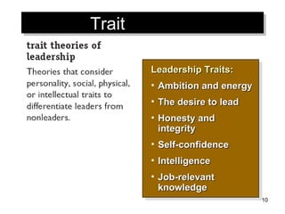 Trait  Theories Leadership Traits : Ambition and energy The desire to lead Honesty and integrity Self-confidence Intelligence Job-relevant knowledge 