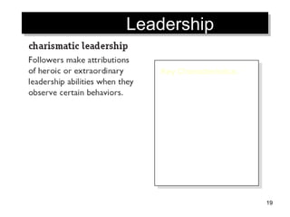 Charismatic  Leadership Key Characteristics: Vision and articulation Personal risk Environmental sensitivity Sensitivity to follower needs Unconventional behavior 