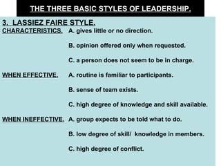 THE THREE BASIC STYLES OF LEADERSHIP. 3.  LASSIEZ FAIRE STYLE. CHARACTERISTICS.   A. gives little or no direction. B. opinion offered only when requested. C. a person does not seem to be in charge. WHEN EFFECTIVE. A. routine is familiar to participants. B. sense of team exists. C. high degree of knowledge and skill available. WHEN INEFFECTIVE. A. group expects to be told what to do. B. low degree of skill/  knowledge in members. C. high degree of conflict.  