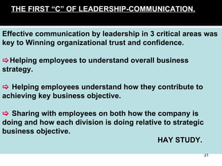 THE FIRST “C” OF LEADERSHIP-COMMUNICATION.   Effective communication by leadership in 3 critical areas was key to Winning organizational trust and confidence.  Helping employees to understand overall business strategy.    Helping employees understand how they contribute to achieving key business objective.    Sharing with employees on both how the company is doing and how each division is doing relative to strategic business objective. HAY STUDY.  