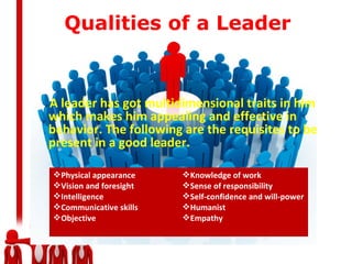 A leader has got multidimensional traits in him
which makes him appealing and effective in
behavior. The following are the requisites to be
present in a good leader.
Qualities of a Leader
Physical appearance
Vision and foresight
Intelligence
Communicative skills
Objective
Knowledge of work
Sense of responsibility
Self-confidence and will-power
Humanist
Empathy
 