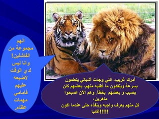 انهم مجموعة من الفاشلين ! وانا ليس لدي الوقت لاضيعه عليهم فامامي مهمات عظام . أمرك غريب، انني  و جد ت  أشبالي يتعلمون بسرعة وينفذون ما أطلبه منهم، بعضهم  كان  يصيب و بعضهم  يخطأ .   وهم الآن اصبحوا ماهرين، كل منهم يعرف واجبه وينفذه حتى عندما اكون غائبا !!!!! 