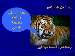 عندئذ قال النمر الكبير : وكذلك فعل ،  فاصطاد فيلا كبيرا . يبدو أن عليّ أن أقوم بالمهمة بنفسي 