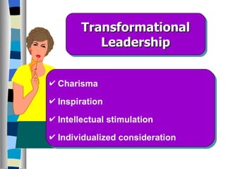Transformational Leadership Charisma Inspiration  Intellectual stimulation Individualized consideration 