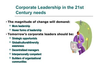 Corporate Leadership in the 21st
Century needs
• The magnitude of change will demand:The magnitude of change will demand:
 More leadershipMore leadership
 Newer forms of leadershipNewer forms of leadership
• Tomorrow’s corporate leaders should be:Tomorrow’s corporate leaders should be:
 Strategic opportunistsStrategic opportunists
 Global/cultural/diversityGlobal/cultural/diversity
awarenessawareness
 Decentralized managersDecentralized managers
 Interpersonally competentInterpersonally competent
 Builders of organizationalBuilders of organizational
communitiescommunities
 
