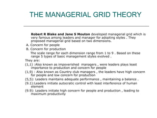 THE MANAGERIAL GRID THEORY
Robert R Blake and Jane S Mouton developed managerial grid which is
very famous among leaders a...