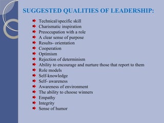 SUGGESTED QUALITIES OF LEADERSHIP: Technical/specific skill Charismatic inspiration Preoccupation with a role A clear sense of purpose Results- orientation Cooperation Optimism Rejection of determinism Ability to encourage and nurture those that report to them Role models Self-knowledge Self- awareness Awareness of environment The ability to choose winners Empathy Integrity Sense of humor 