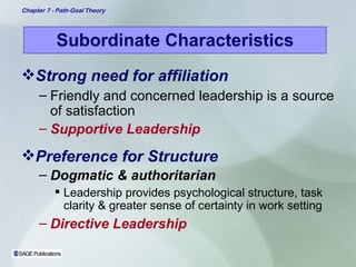 Subordinate Characteristics Strong need for affiliation Friendly and concerned leadership is a source of satisfaction Supportive Leadership Preference for Structure   Dogmatic & authoritarian   Leadership provides psychological structure, task clarity & greater sense of certainty in work setting Directive Leadership 