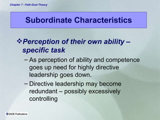 Subordinate Characteristics Perception of their own ability – specific task As perception of ability and competence goes up need for highly directive leadership goes down.  Directive leadership may become redundant – possibly excessively controlling 