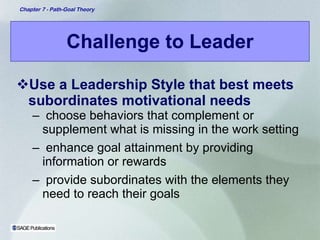 Challenge to Leader Use a Leadership Style that best meets subordinates motivational needs choose behaviors that complement or supplement what is missing in the work setting enhance goal attainment by providing information or rewards provide subordinates with the elements they need to reach their goals 