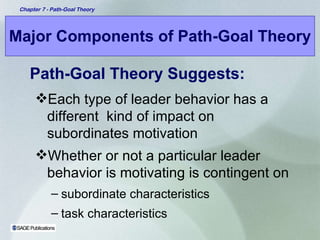 Major Components of Path-Goal Theory Path-Goal Theory Suggests: Each type of leader behavior has a different  kind of impact on subordinates motivation Whether or not a particular leader behavior is motivating is contingent on  subordinate characteristics  task characteristics 
