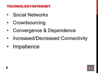 TECHNOLOGY/INTERNET

• Social Networks
• Crowdsourcing
• Convergence & Dependence
• Increased/Decreased Connectivity
• Impatience


8
 