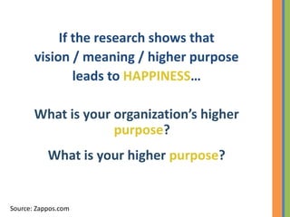 If the research shows that
       vision / meaning / higher purpose
               leads to HAPPINESS…

       What is you...
