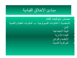 ‫مبادئ التخلق القيادية‬
                                     ‫مصادر سلوكيات القائد‬         ‫•‬
‫الشخصية: أ-المكونات الفسيولوجية ب- المكونات العقلية لوالنفسية‬     ‫.1‬
                                                         ‫الدين‬    ‫.2‬
                                             ‫البيئة الجتماعية‬     ‫.3‬
                                                ‫القيادة الدارية‬   ‫.4‬
                                             ‫النظمة لواللوائح‬     ‫.5‬
                                             ‫المركزية الشديدة‬     ‫.6‬
 