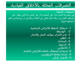 ‫التصرفات المخلة بالخلق القيادية:‬
                                                          ‫السلوكيات السلبية:‬
      ‫هي مجموعة الممارسات غير المحمودة ألو غير المشرلوعة التي يحظر على‬
‫الموظف القيام بها، لوذلك لنها تتنافى مع النظمة لوالقوانين ألو مع المبادئ لوالقيم‬
                                                                 ‫التخلقية النبيلة.‬

                       ‫1- استغلل السلطة للرغراض الشخصية.‬
                                                ‫2- الواسطة.‬
                        ‫3- عدم اللتزام بمواعيد العمل والنجاز.‬
                                                     ‫4- الظلم.‬
                                                  ‫5- المحاباة.‬
                                                   ‫6- الرشوة.‬
                                                 ‫7- الختلس.‬
                  ‫8- استخدام الممتلكات العامة للرغراض الخاصة.‬
                                  ‫9- إساءة معاملة المرؤوسين.‬
                                            ‫01- النفراد بالرأي.‬
           ‫82‬
 