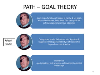 PATH – GOAL THEORY
             Said : main function of leader is clarify & set goals
              with subordinates, help them find best path for
                     achieving goals & remove obstacles




               Categorized leader behaviour into 4 groups &
Robert         suggested that appropriate style of leadership
House                    depends on the situation




                                    Supportive
             , participative, instrumental, achievement oriented
                                   leaderships

                                                                     11
 