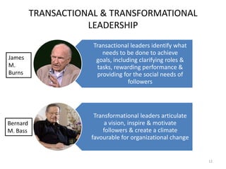 TRANSACTIONAL & TRANSFORMATIONAL
                     LEADERSHIP
                      Transactional leaders identify what
                         needs to be done to achieve
James                  goals, including clarifying roles &
M.                     tasks, rewarding performance &
Burns                  providing for the social needs of
                                    followers




                      Transformational leaders articulate
Bernard                   a vision, inspire & motivate
M. Bass                  followers & create a climate
                     favourable for organizational change


                                                             12
 
